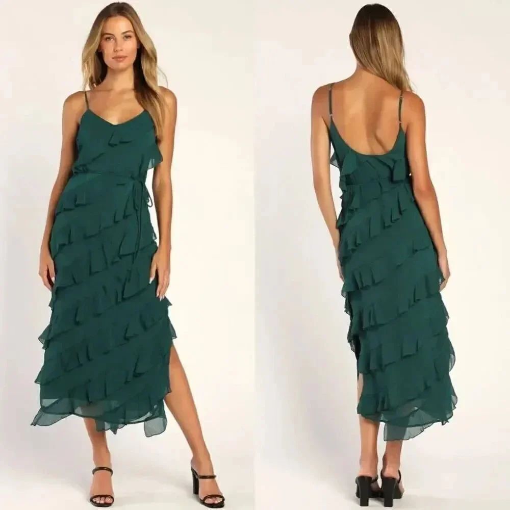 Lulus Love the Look Hunter Green Tiered Ruffled Midi Dress S NWT